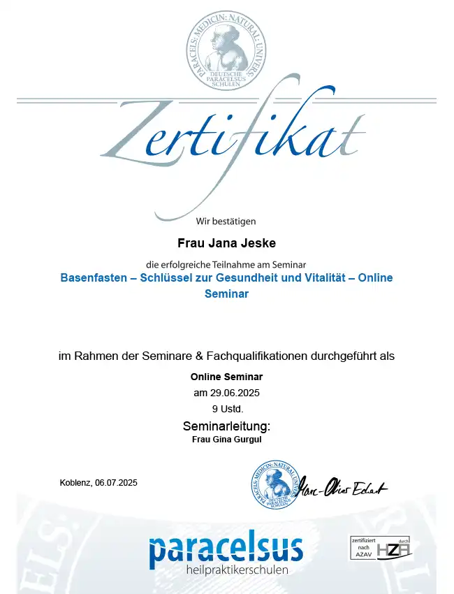 Zertifikat Basenfasten (Deutsche Paracelsus Schulen)
