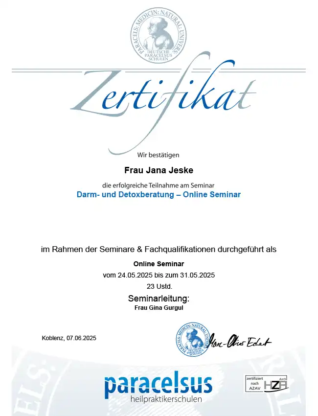 Zertifikat Darm- und Detoxberaterin (Deutsche Paracelsus Schulen)